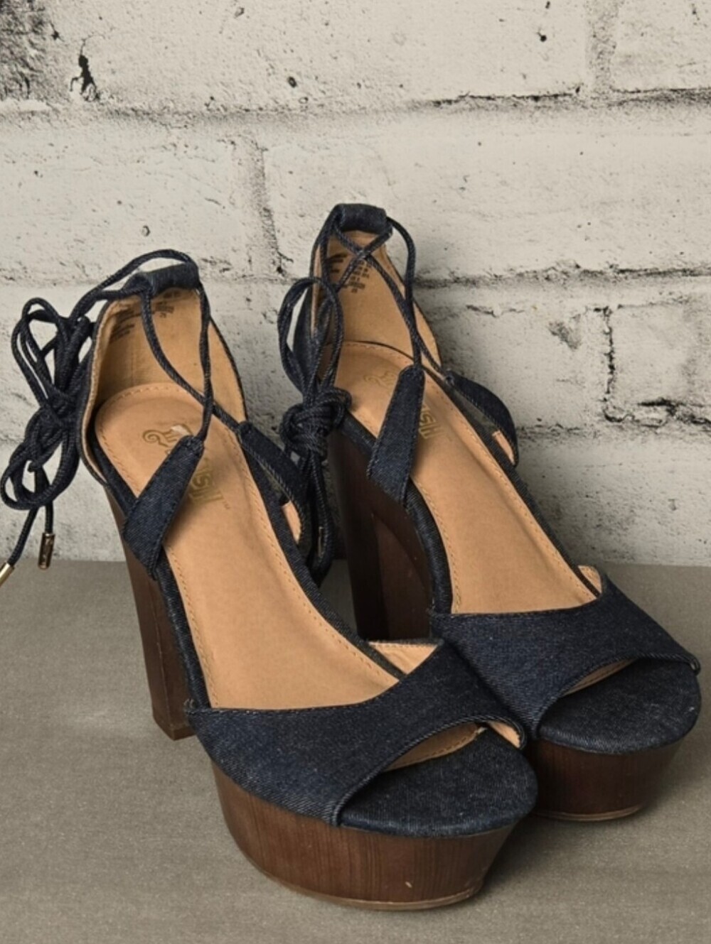Brash Denim Lace Up Platform Heels Chunky Wooden Sandals Size 8.5